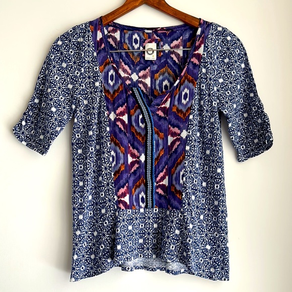 Anthropologie Akemi + Kin Blue Purple Split Neck Ikat Boho Top - Picture 2 of 11